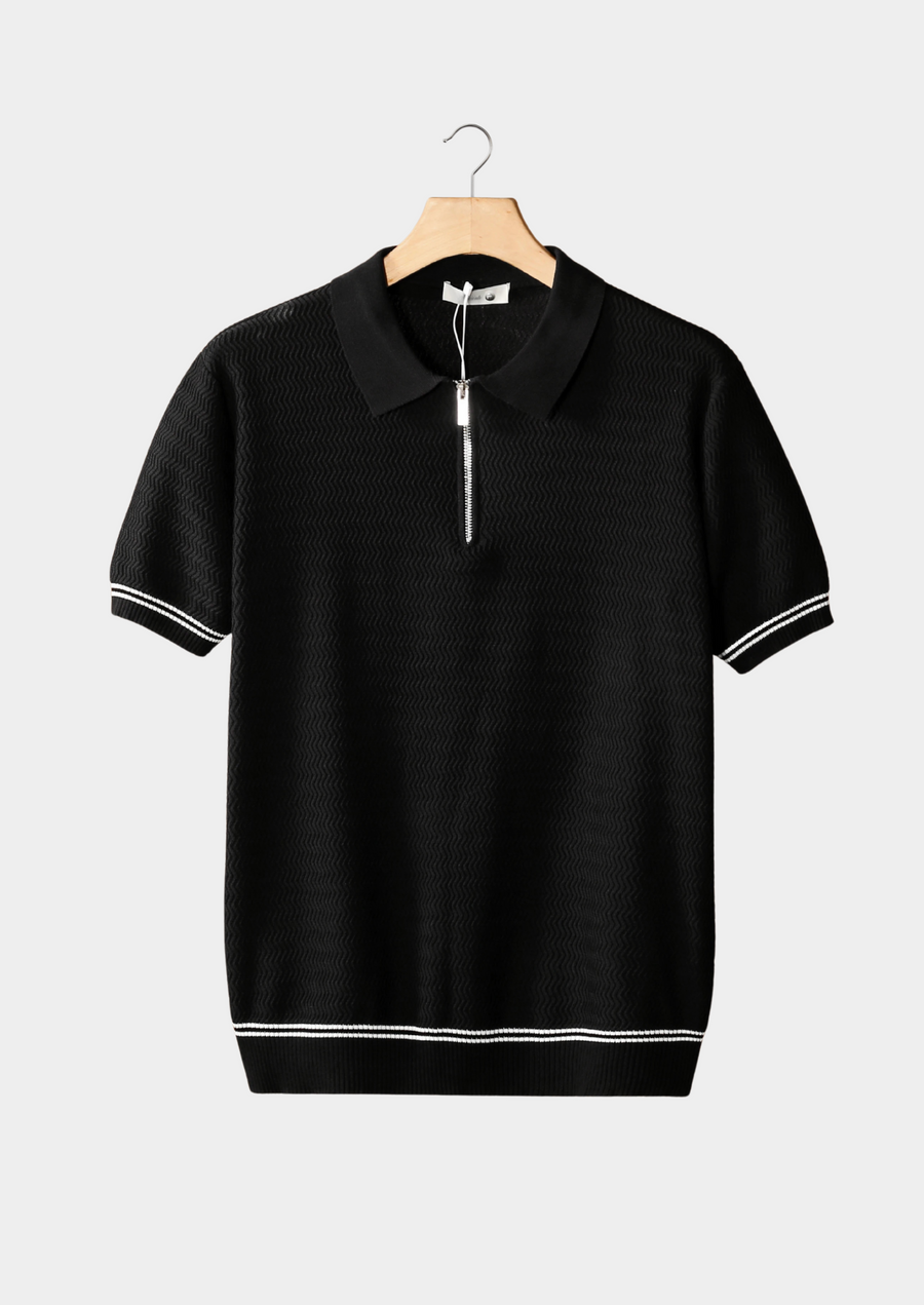 Black Zigzag Textured Zipper Polo Shirt