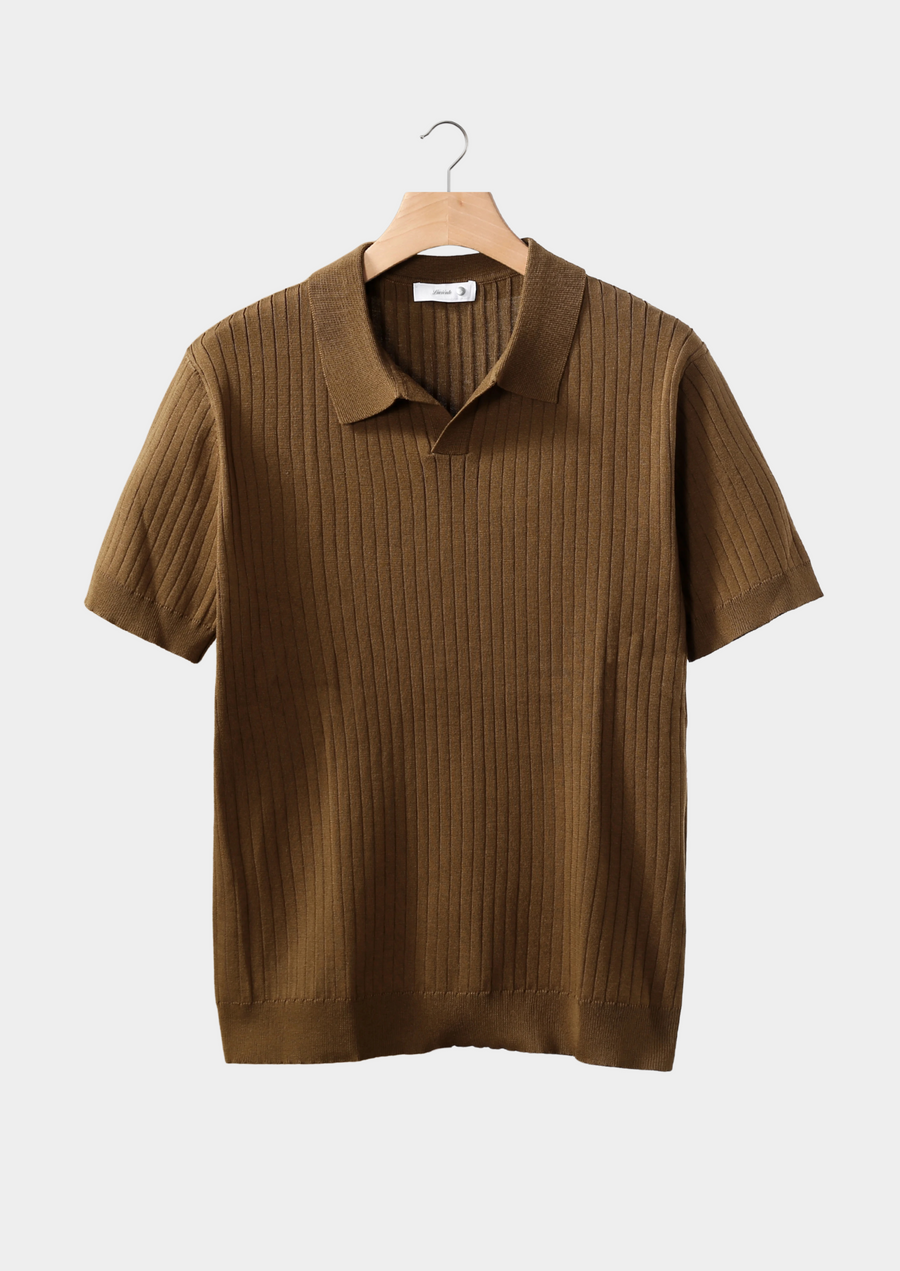 Caramel Ribbed Knit Polo Shirt
