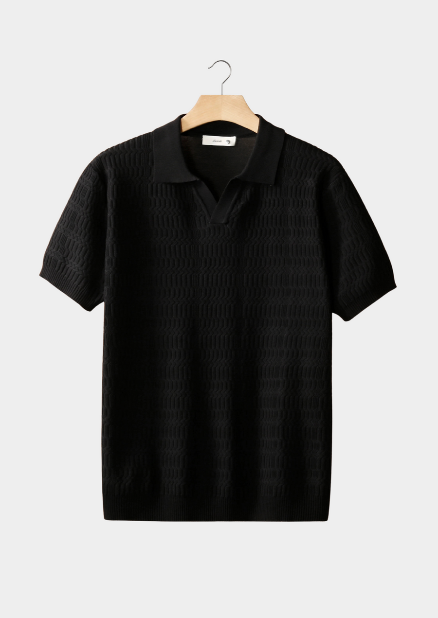Black Textured Knit Polo Shirt