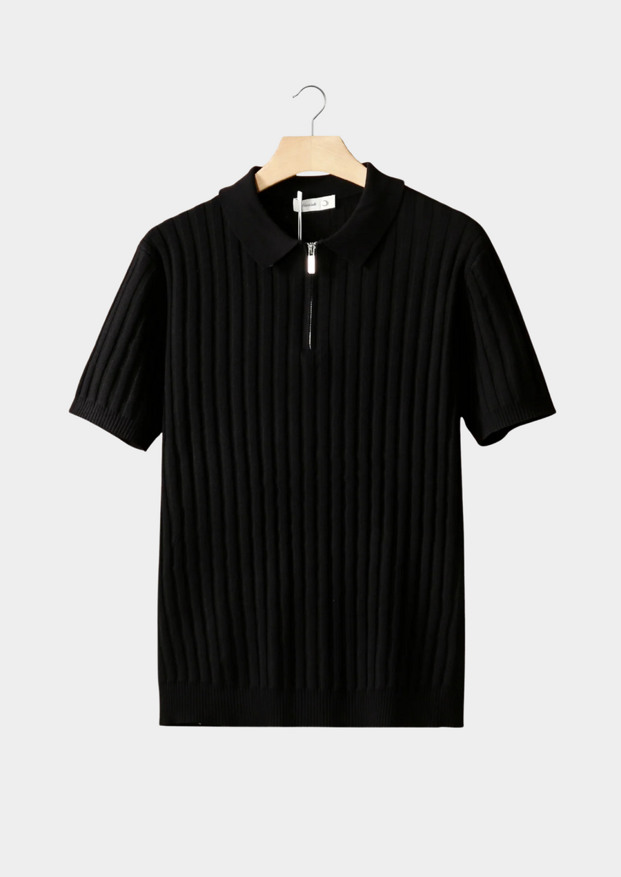 Black Ribbed Zippered Polo Shirt
