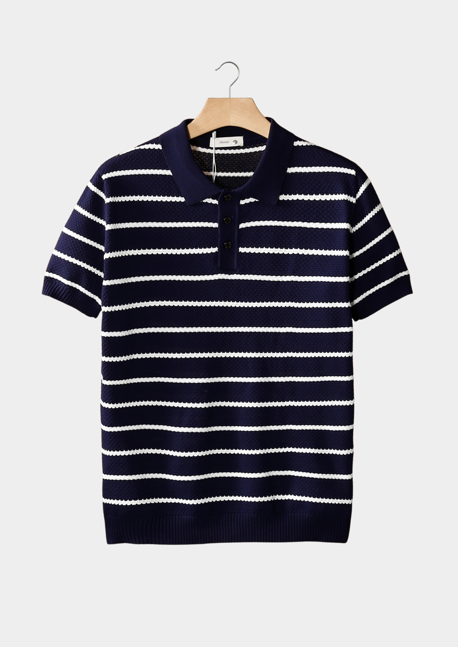 Navy Textured Stripe Button Polo