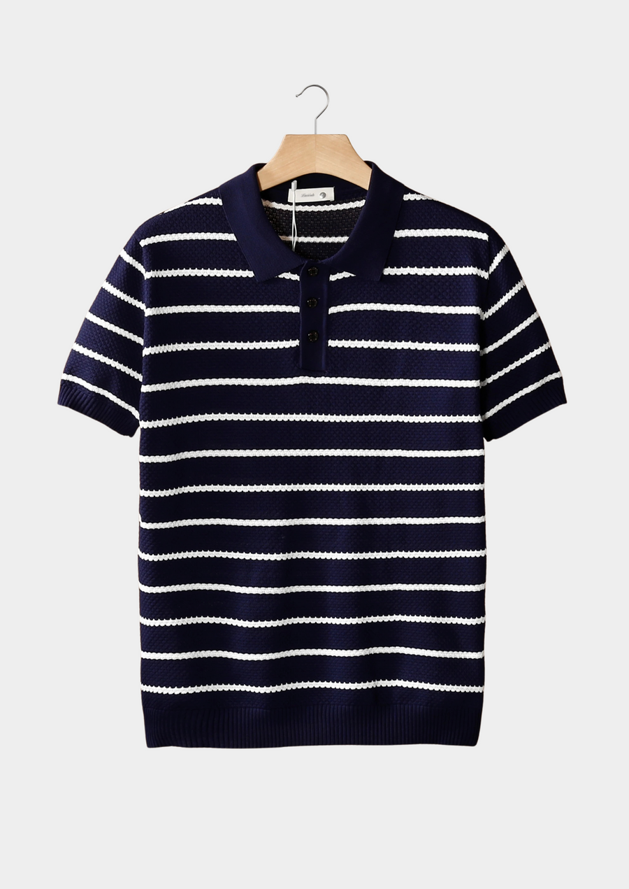 Navy Textured Stripe Button Polo