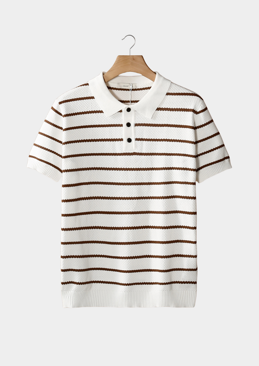 Textured White Striped Button Polo