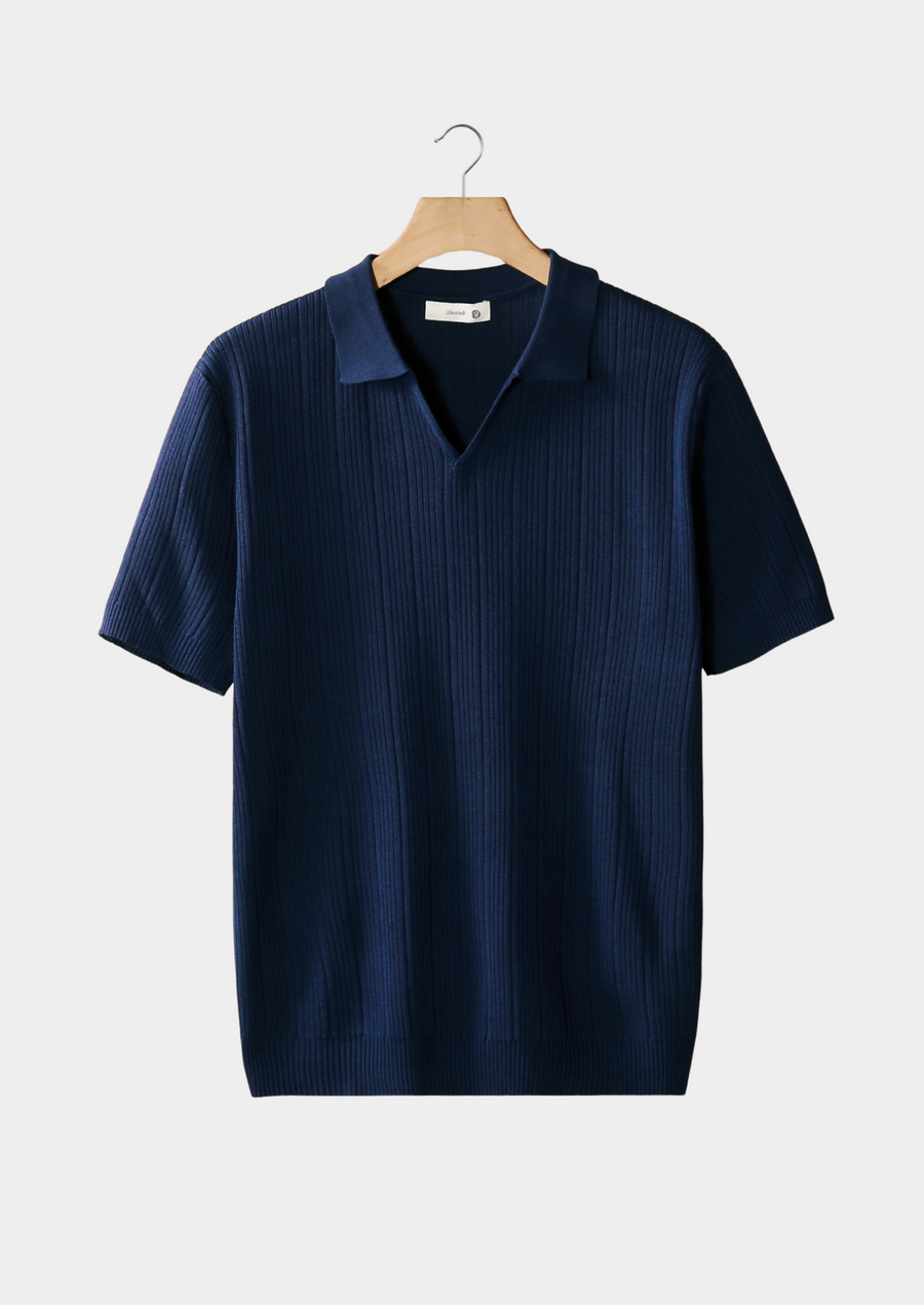 Navy Ribbed Open Collar Polo