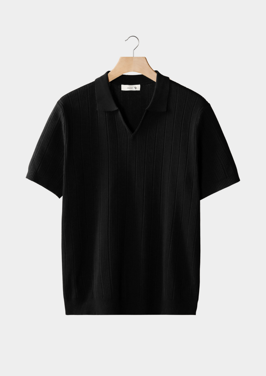 Black Ribbed Open Collar Polo