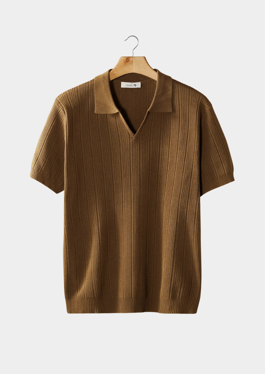 Caramel Ribbed Open Collar Polo