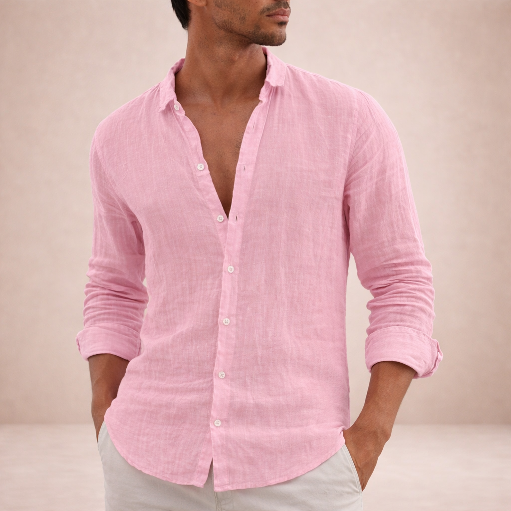 Linen Shirt for Men, Regular Fit, Open Collar