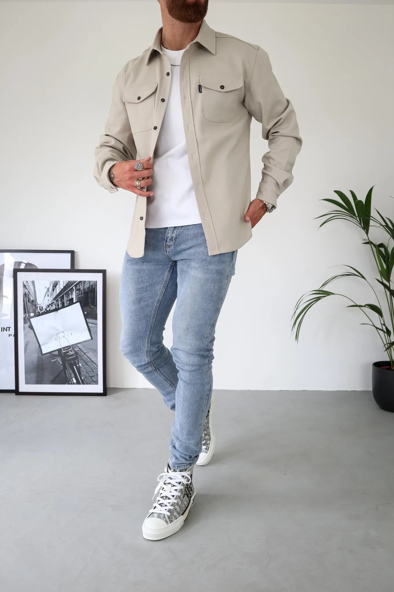 Men's Lightweight Overshirt with Pocket in Soft Beige