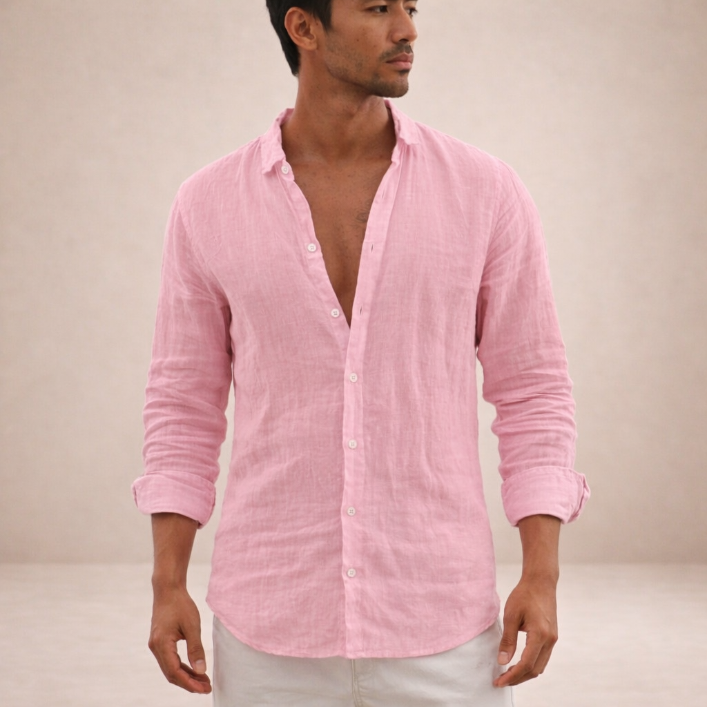 Linen Shirt for Men, Regular Fit, Open Collar