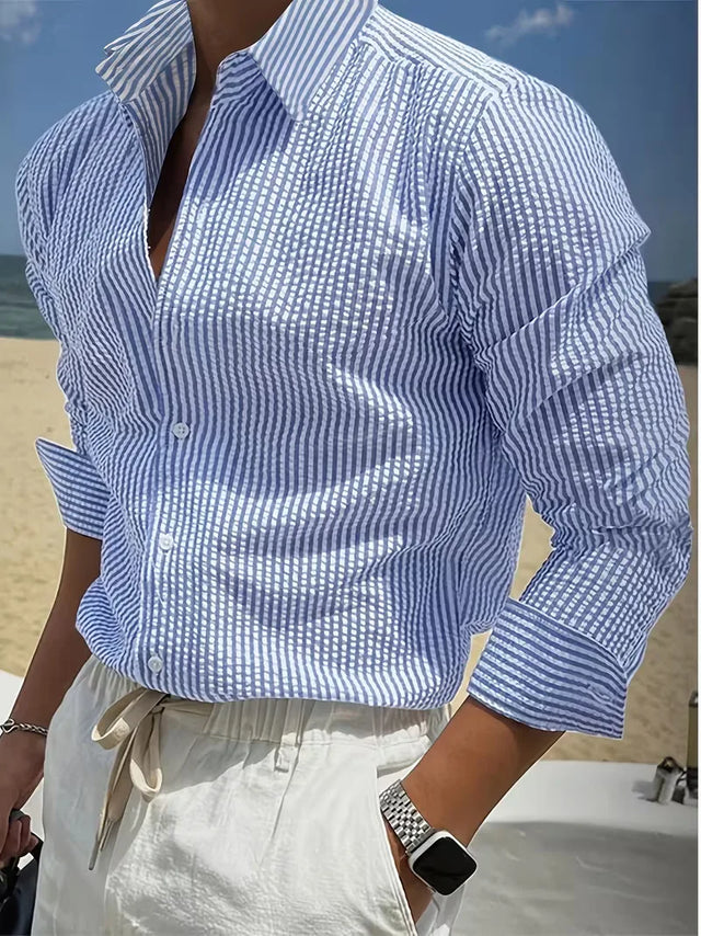 Men's Striped Long Sleeve Shirt in Classic Blue