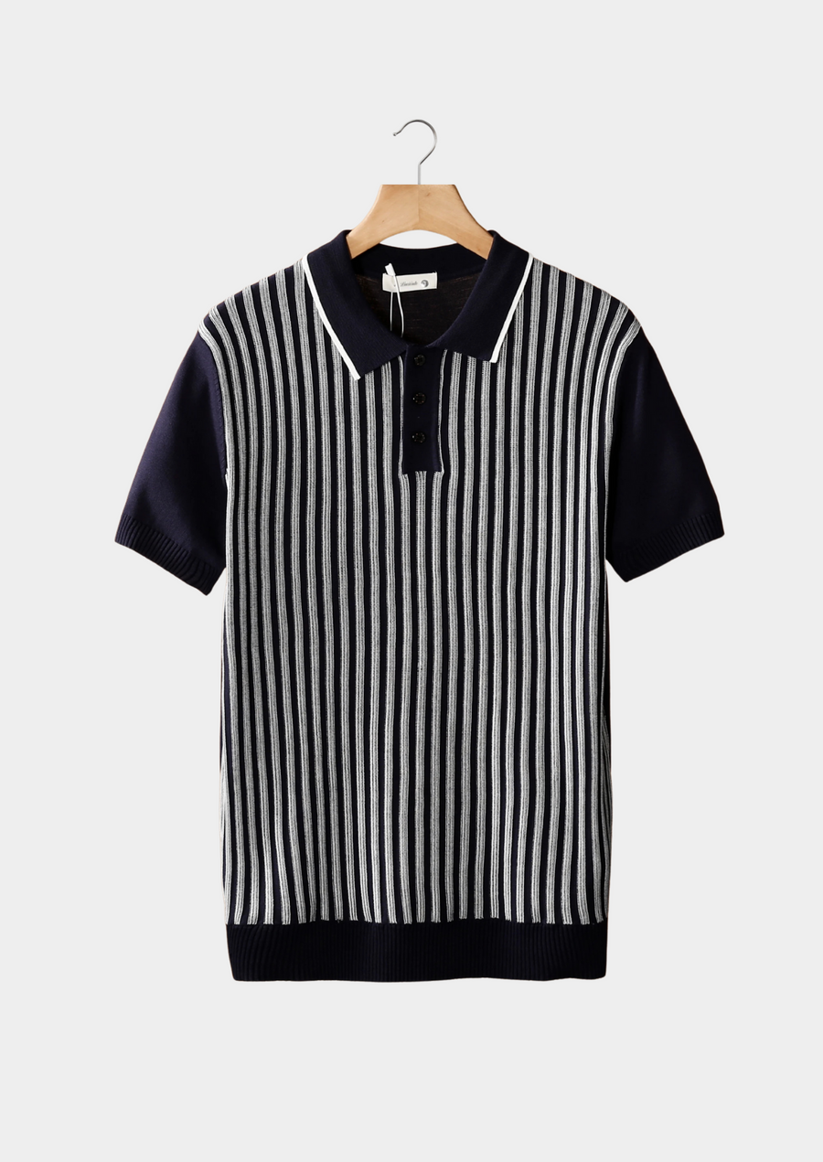 Navy Striped Cotton Polo Shirt