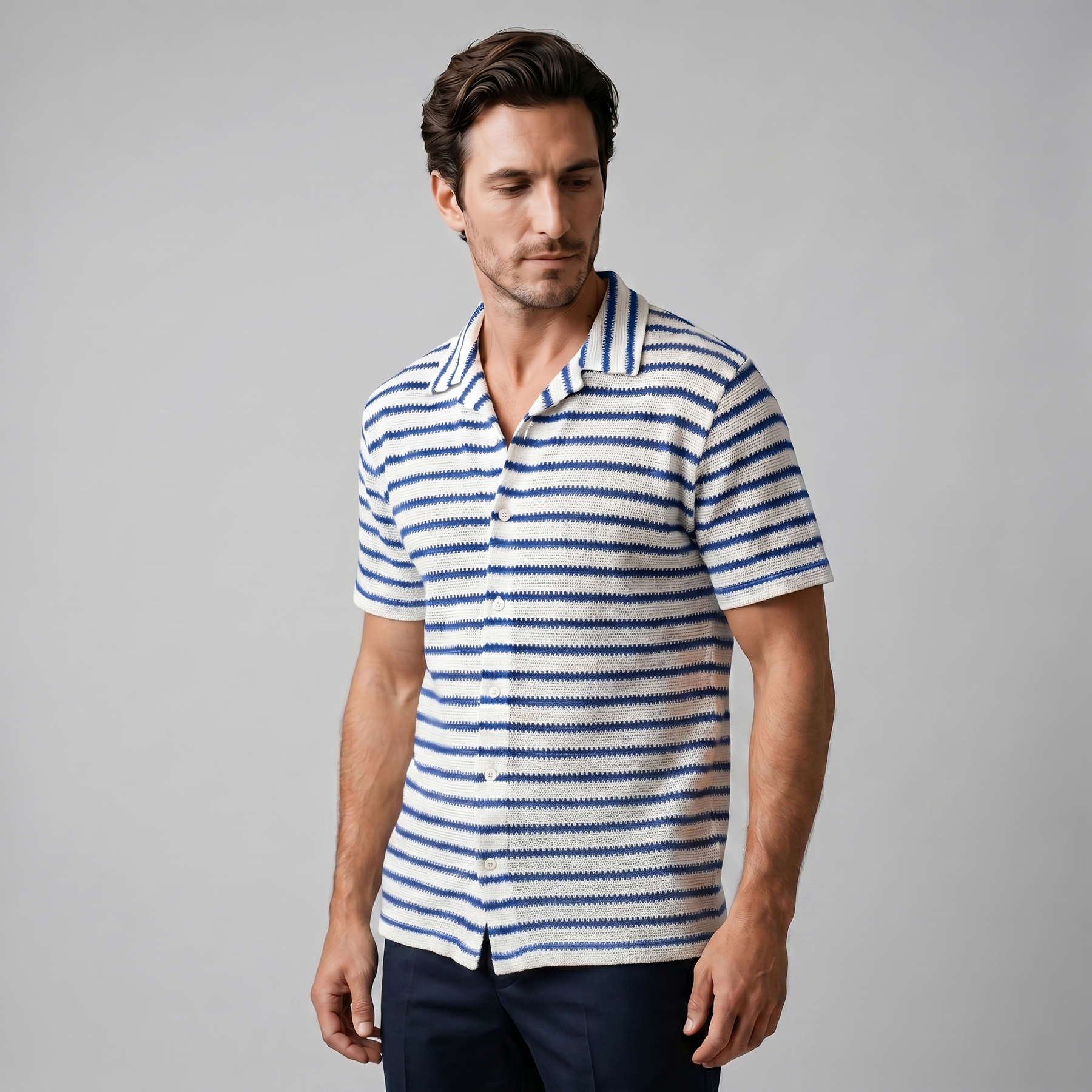 Open Knit Stripe Resort Shirt in Soft Beige