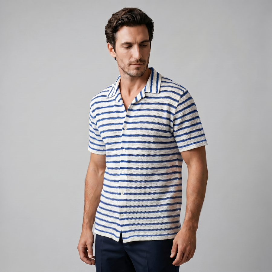 Open Knit Stripe Resort Shirt in Soft Beige