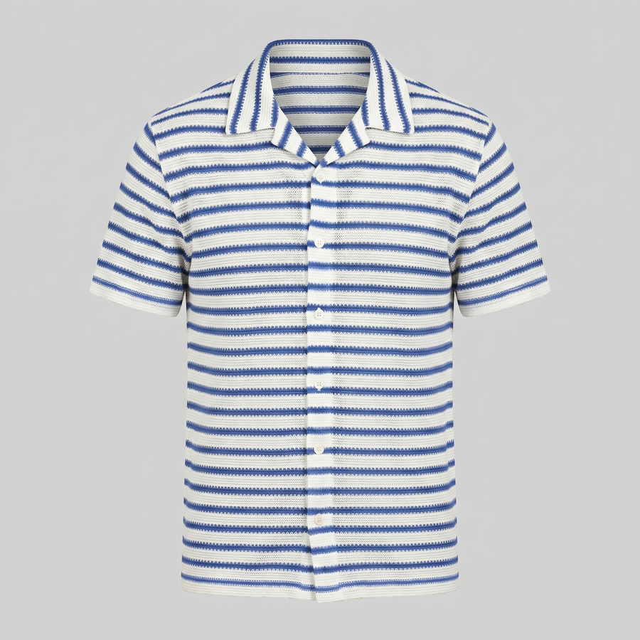 Open Knit Stripe Resort Shirt in Soft Beige