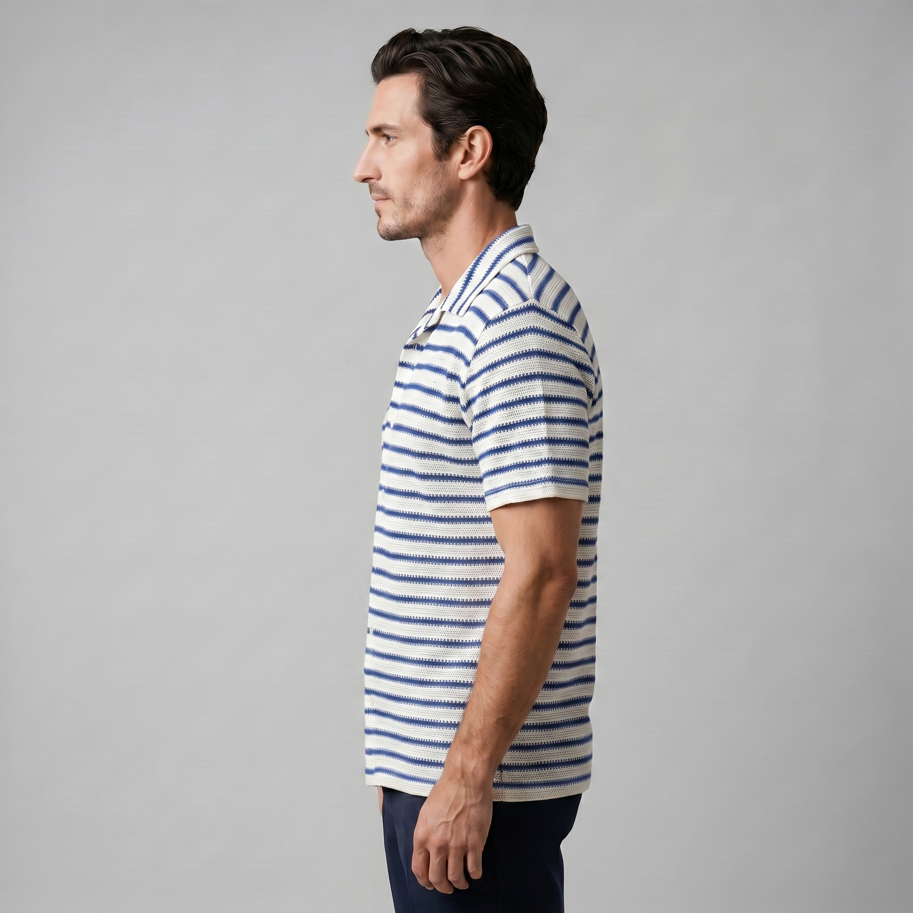 Open Knit Stripe Resort Shirt in Soft Beige