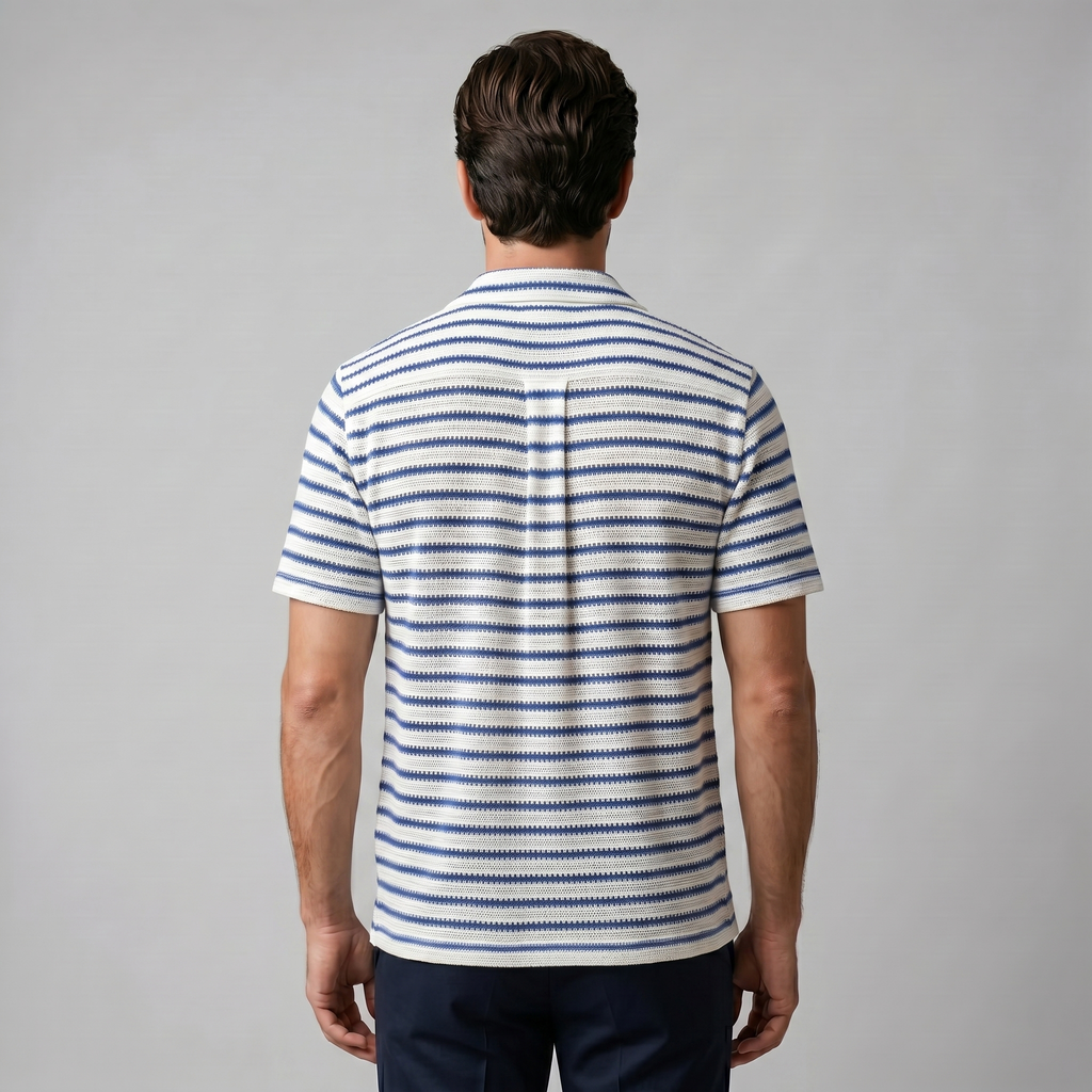 Open Knit Stripe Resort Shirt in Soft Beige