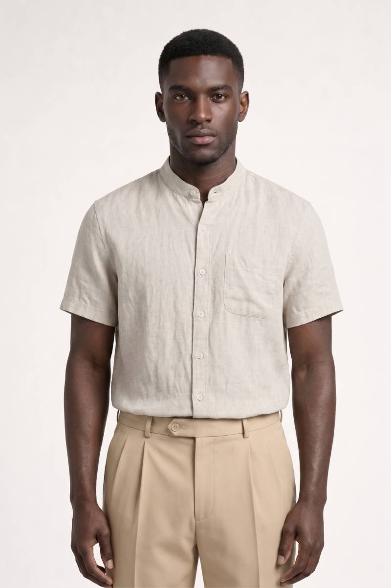 Men's Short Sleeve Standing Collar Shirt in Summer White