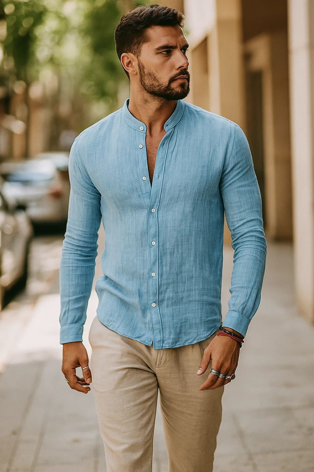 Men's Relaxed Fit Three-Quarter Sleeve Shirt in Summer Blue