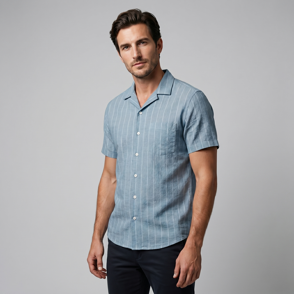 Pinstripe Camp Shirt in Summer Blue