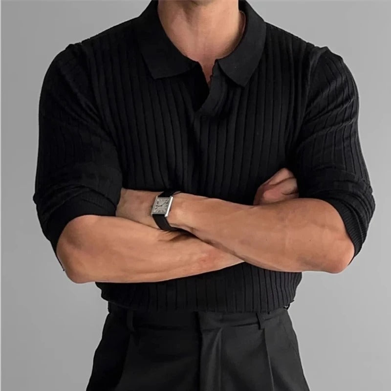 Timeless V-Neck Long Sleeve Polo in Classic Navy