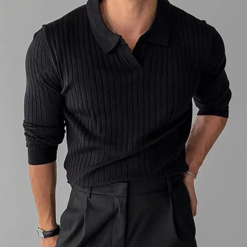 Timeless V-Neck Long Sleeve Polo in Classic Navy