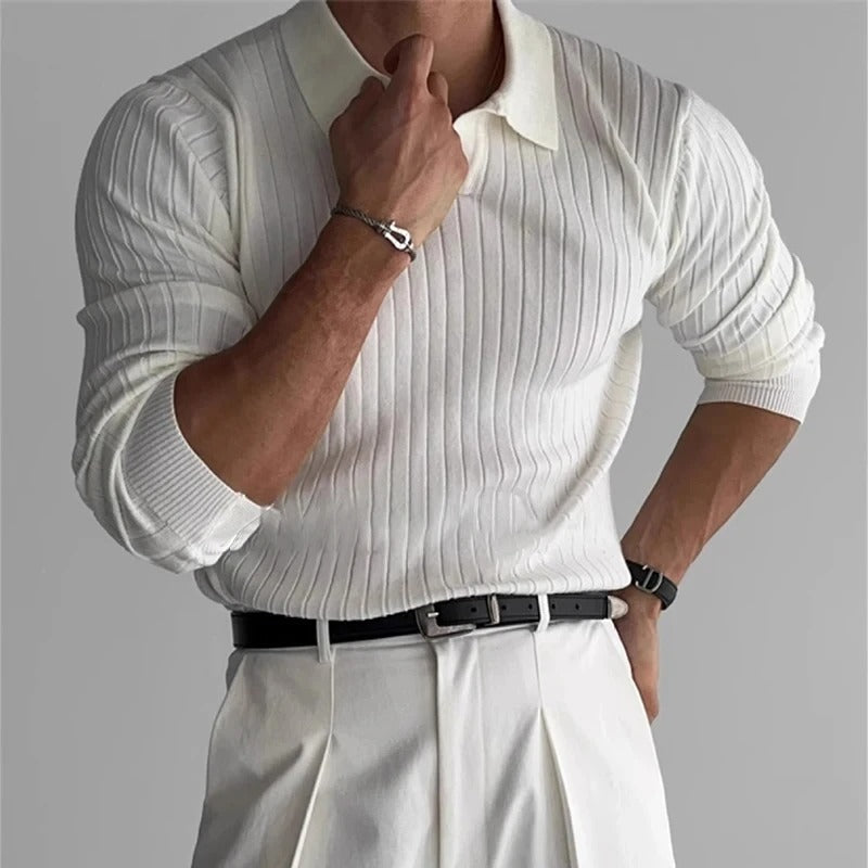 Timeless V-Neck Long Sleeve Polo in Classic Navy