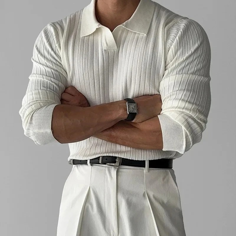 Timeless V-Neck Long Sleeve Polo in Classic Navy
