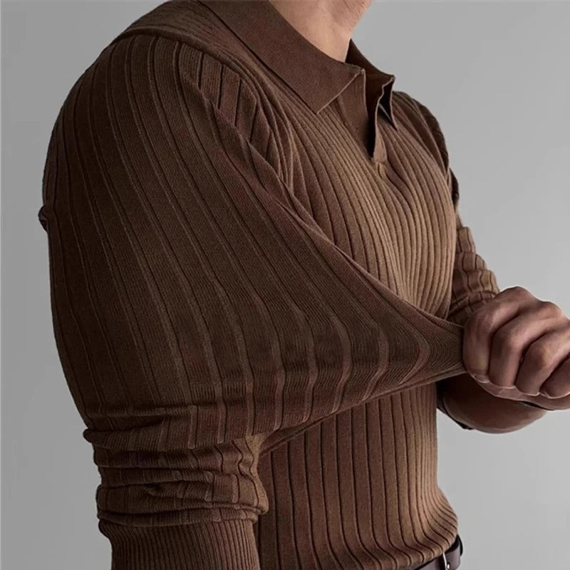 Timeless V-Neck Long Sleeve Polo in Classic Navy