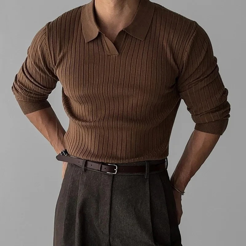 Timeless V-Neck Long Sleeve Polo in Classic Navy