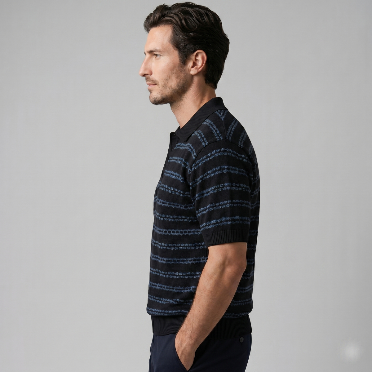 Tailored Striped Polo Shirt in Classic Navy