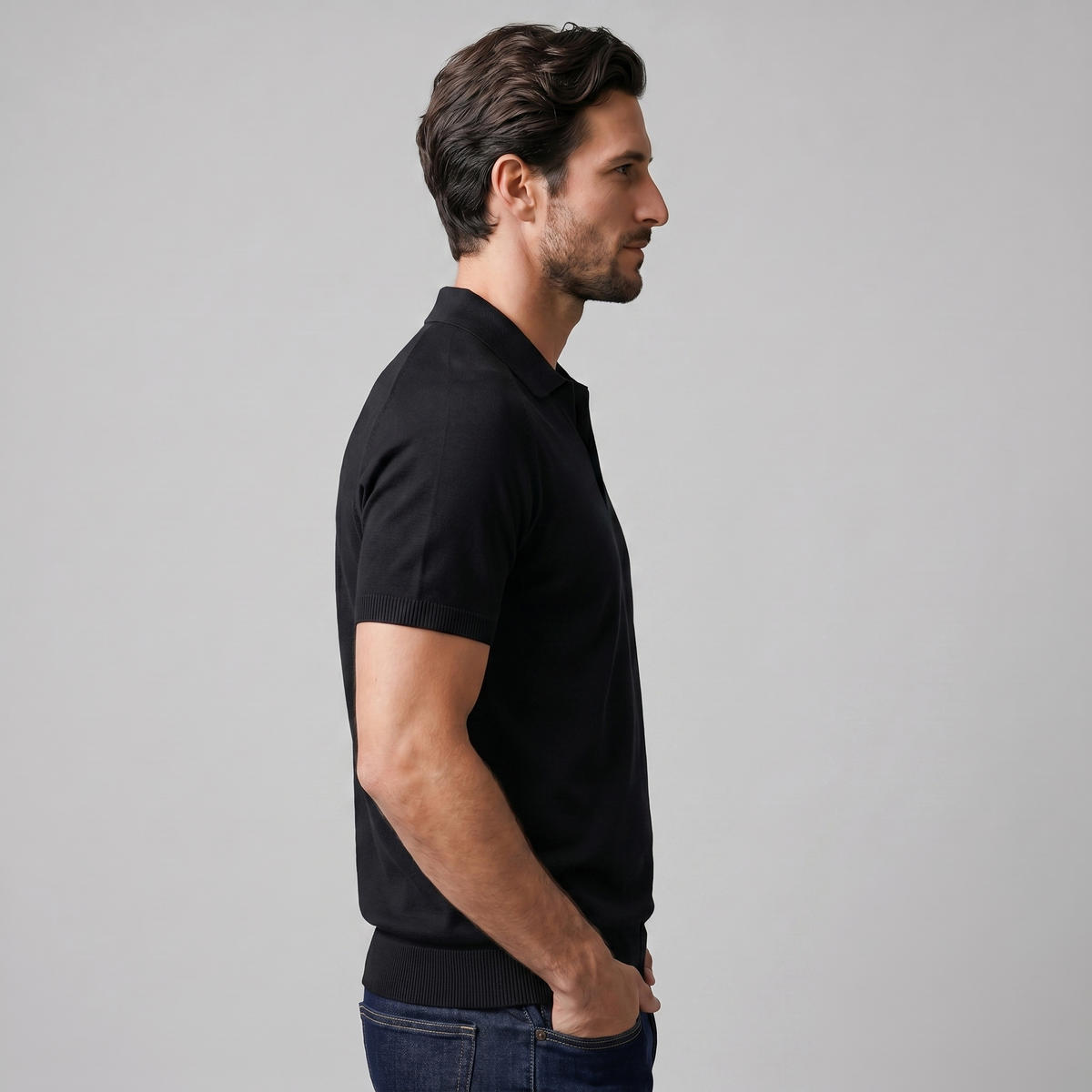 Fine Knit Polo Shirt in Soft Beige