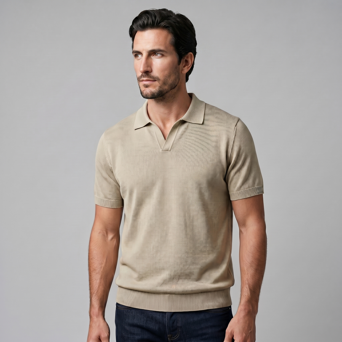 Fine Knit Polo Shirt in Soft Beige