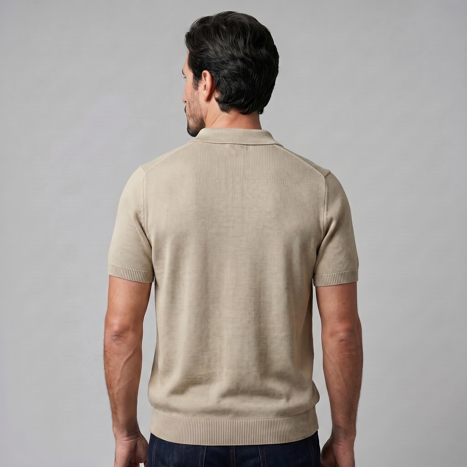 Fine Knit Polo Shirt in Soft Beige