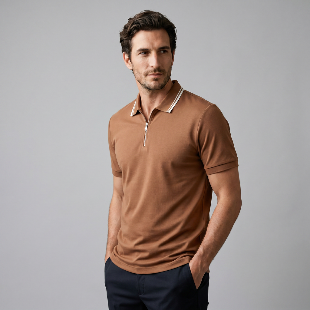 Short Sleeve Zip Polo in Classic Navy