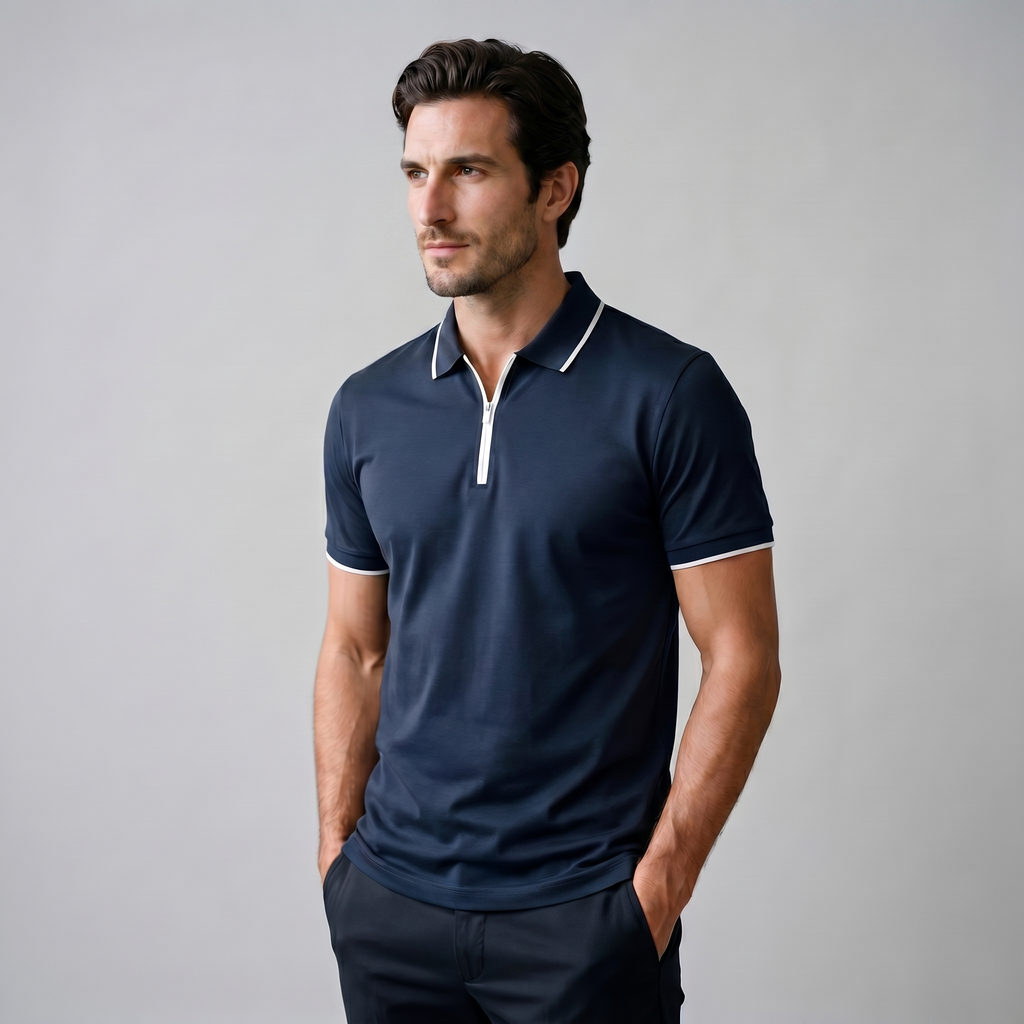 Short Sleeve Zip Polo in Classic Navy