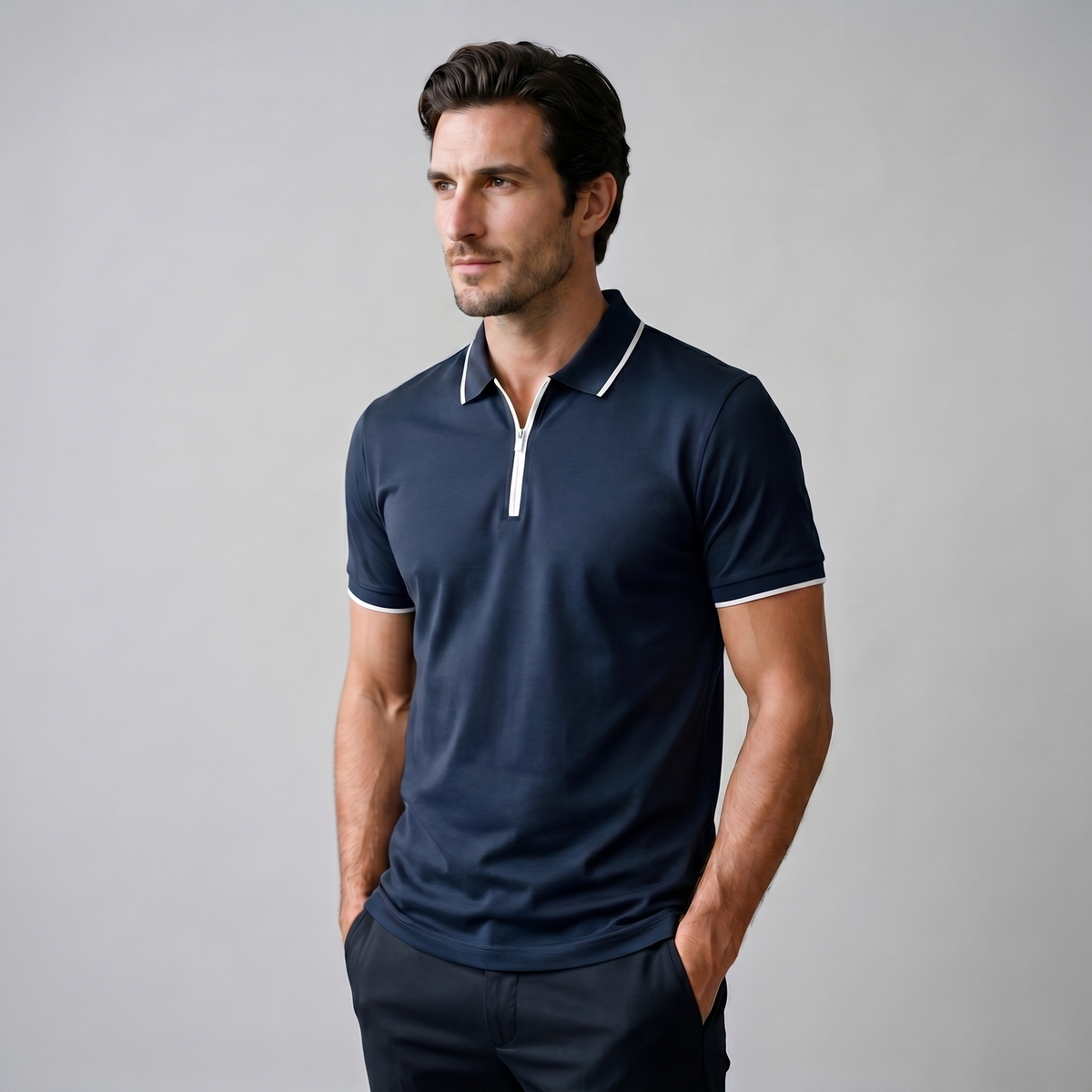 Short Sleeve Zip Polo in Classic Navy