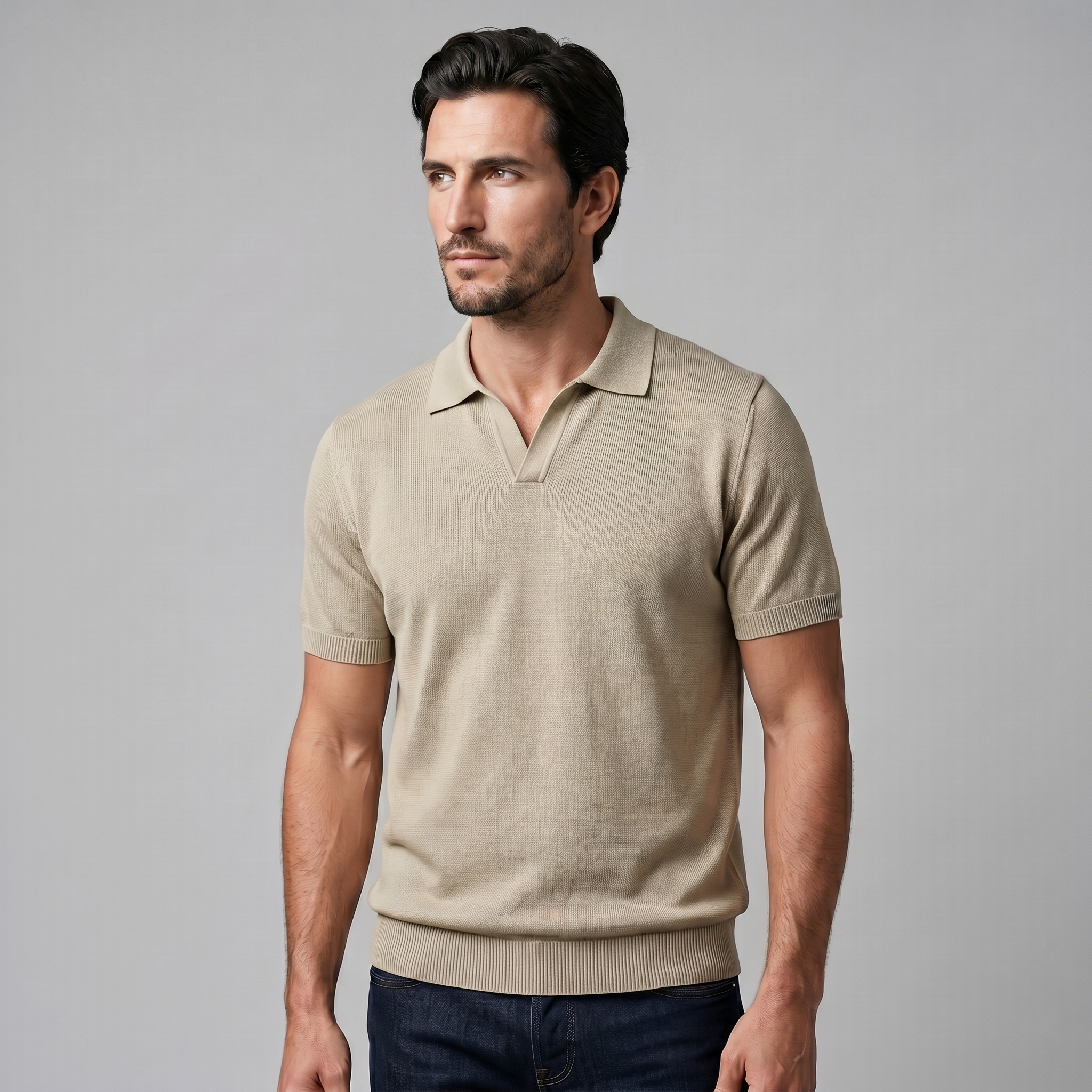 Refined Knit Polo Shirt in Soft Beige