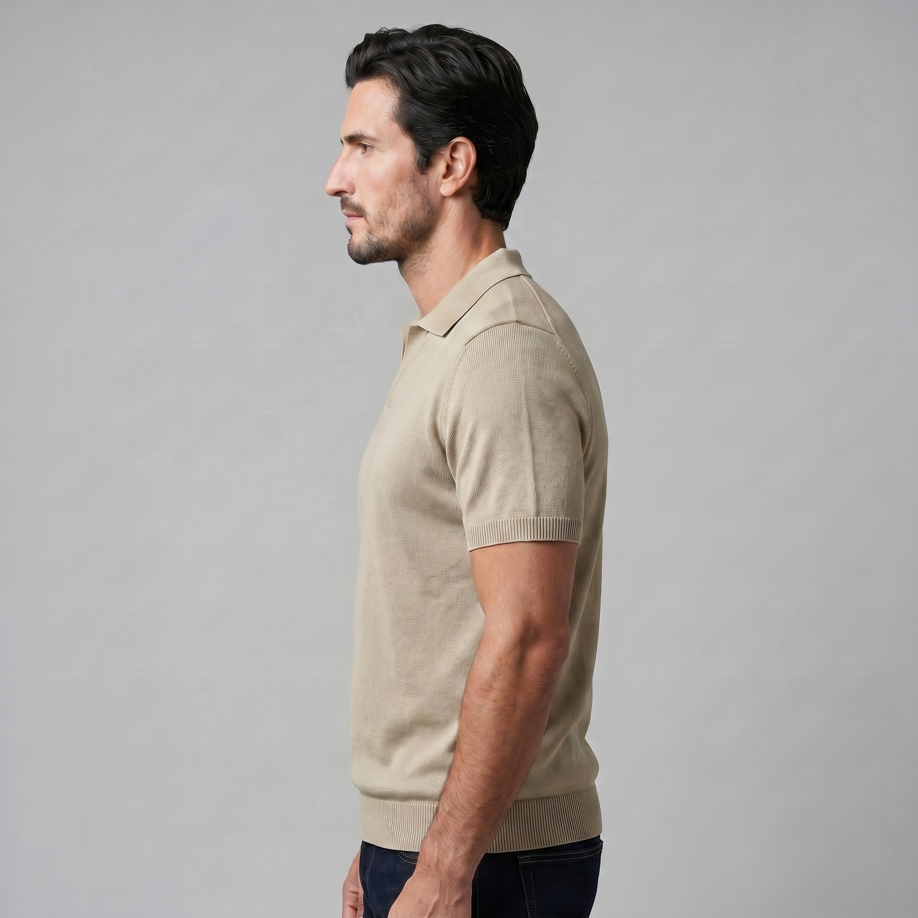 Refined Knit Polo Shirt in Soft Beige