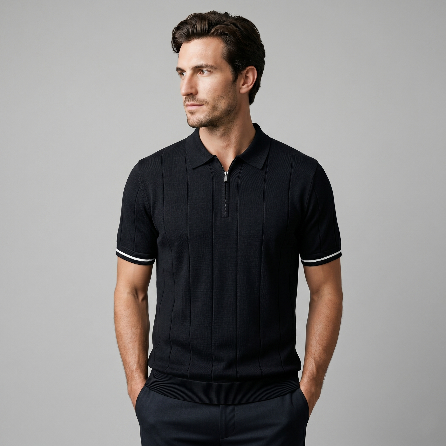 Vertical Stripe Polo Shirt in Classic Navy