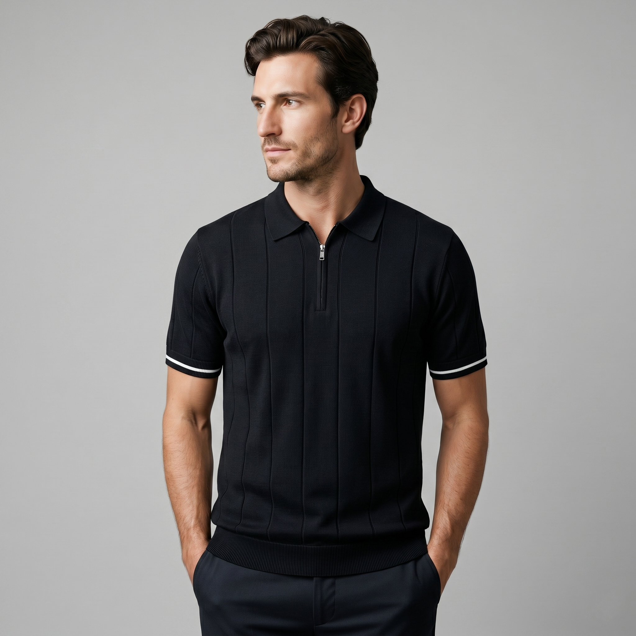 Vertical Stripe Polo Shirt in Classic Navy