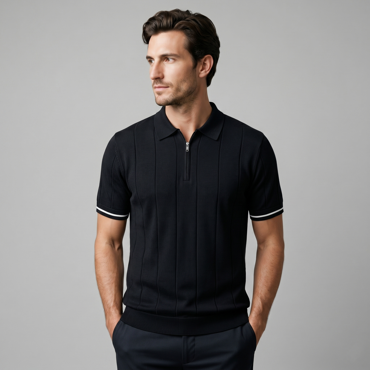 Vertical Stripe Polo Shirt in Classic Navy