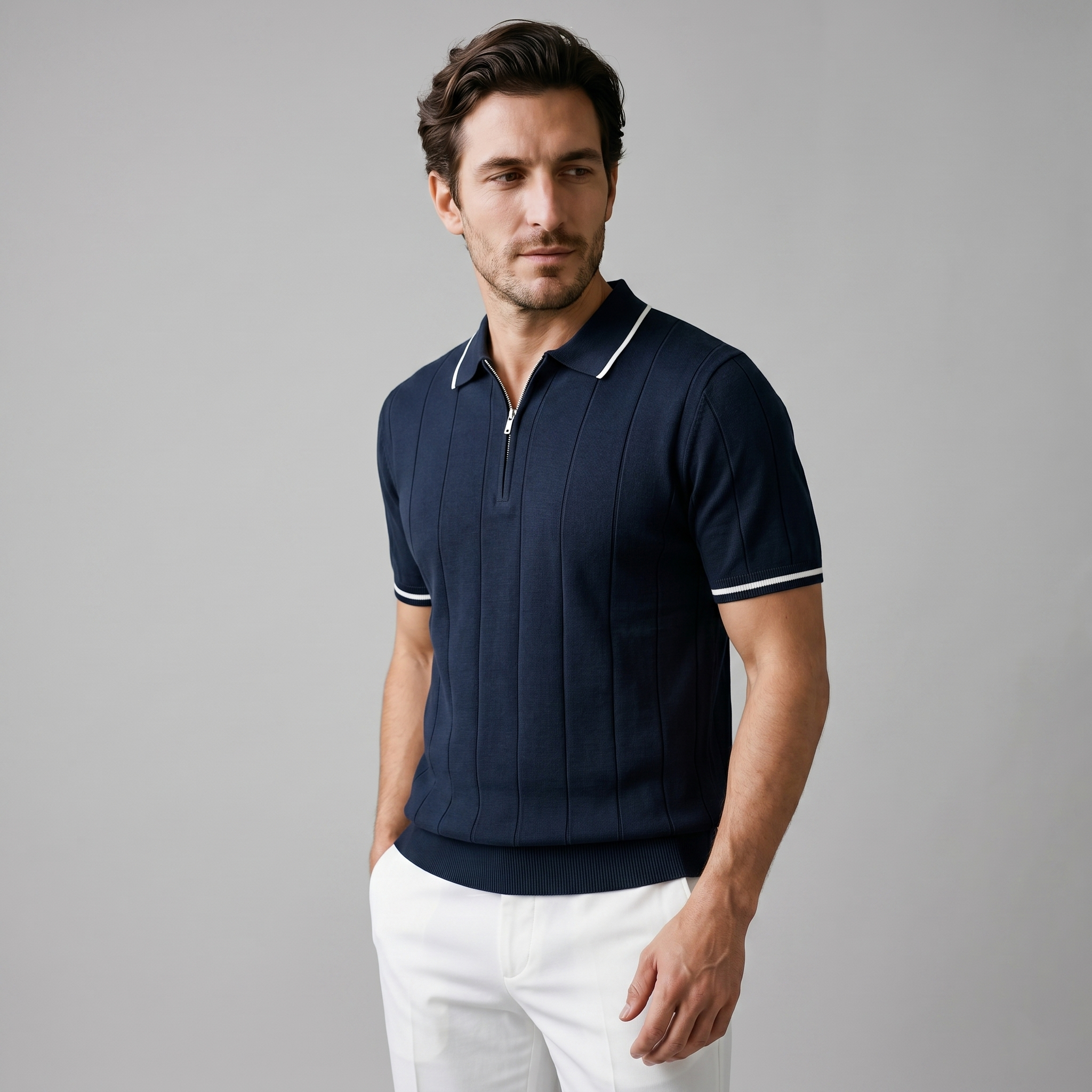 Vertical Stripe Polo Shirt in Classic Navy