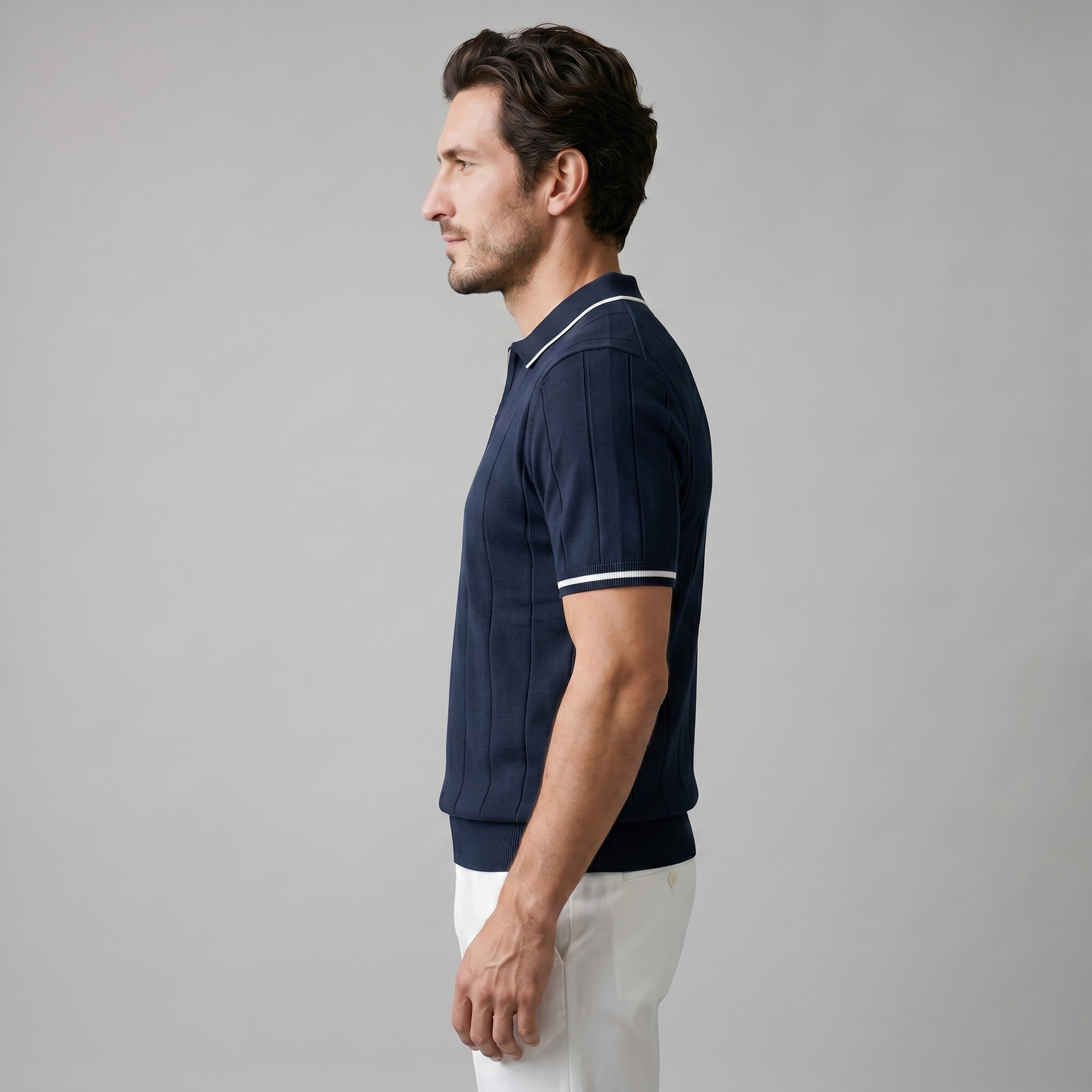 Vertical Stripe Polo Shirt in Classic Navy