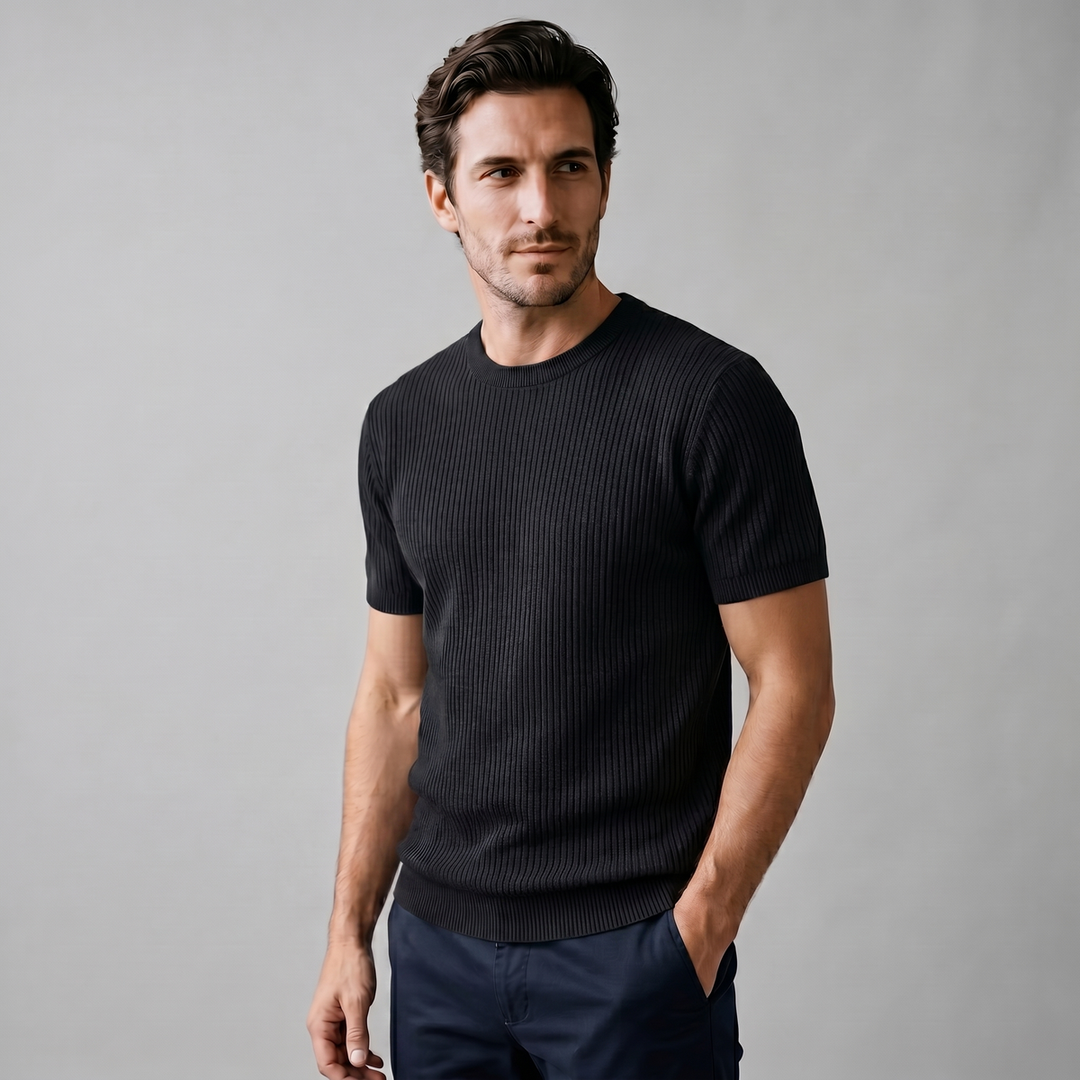 Ribbed Knit T-Shirt in Classic Charcoal