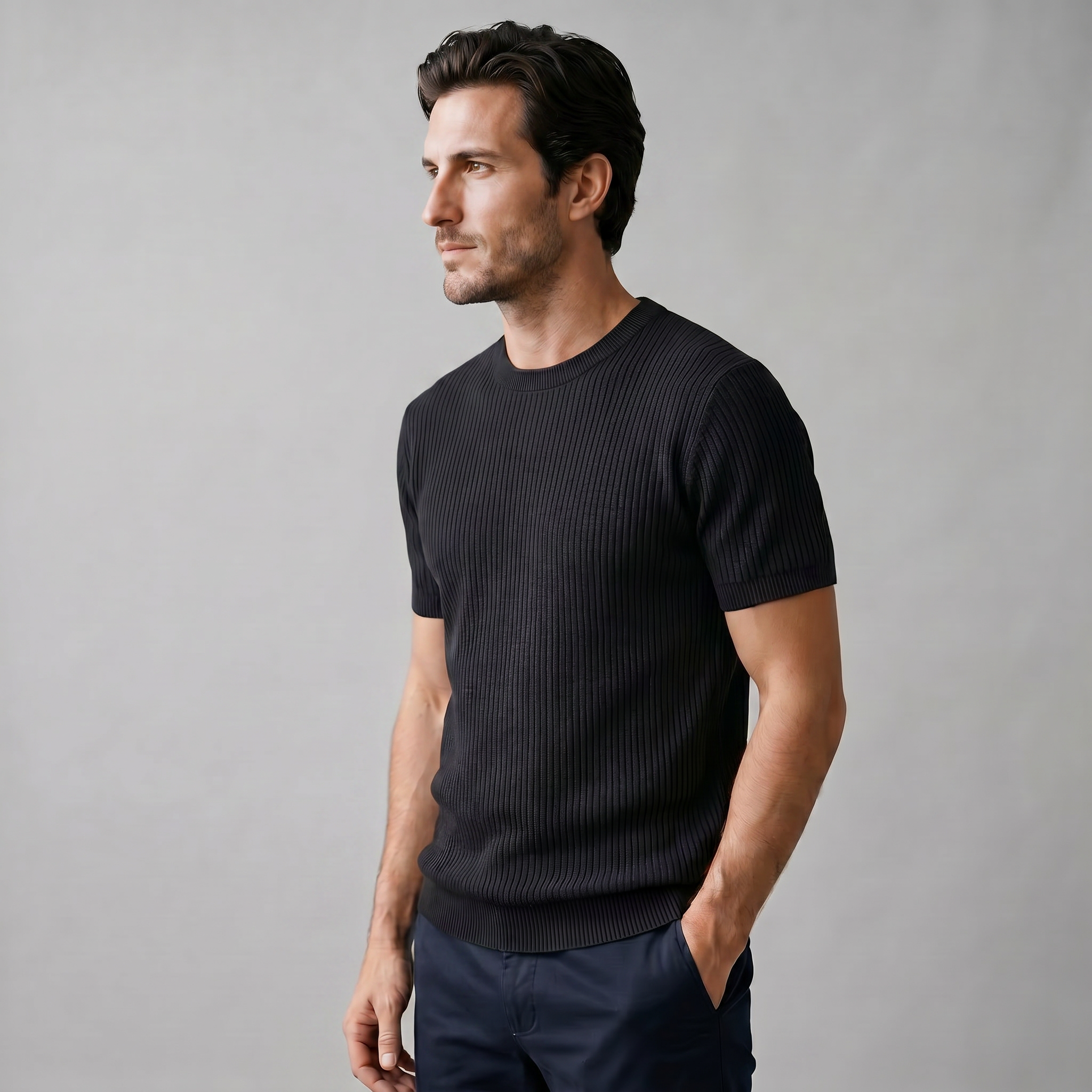 Ribbed Knit T-Shirt in Classic Charcoal