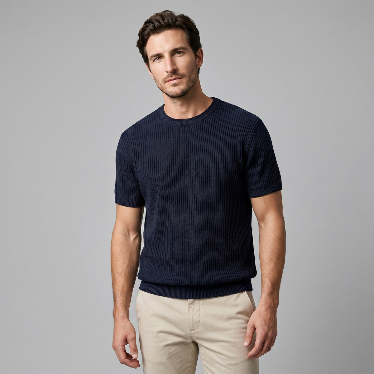 Ribbed Knit T-Shirt in Classic Charcoal