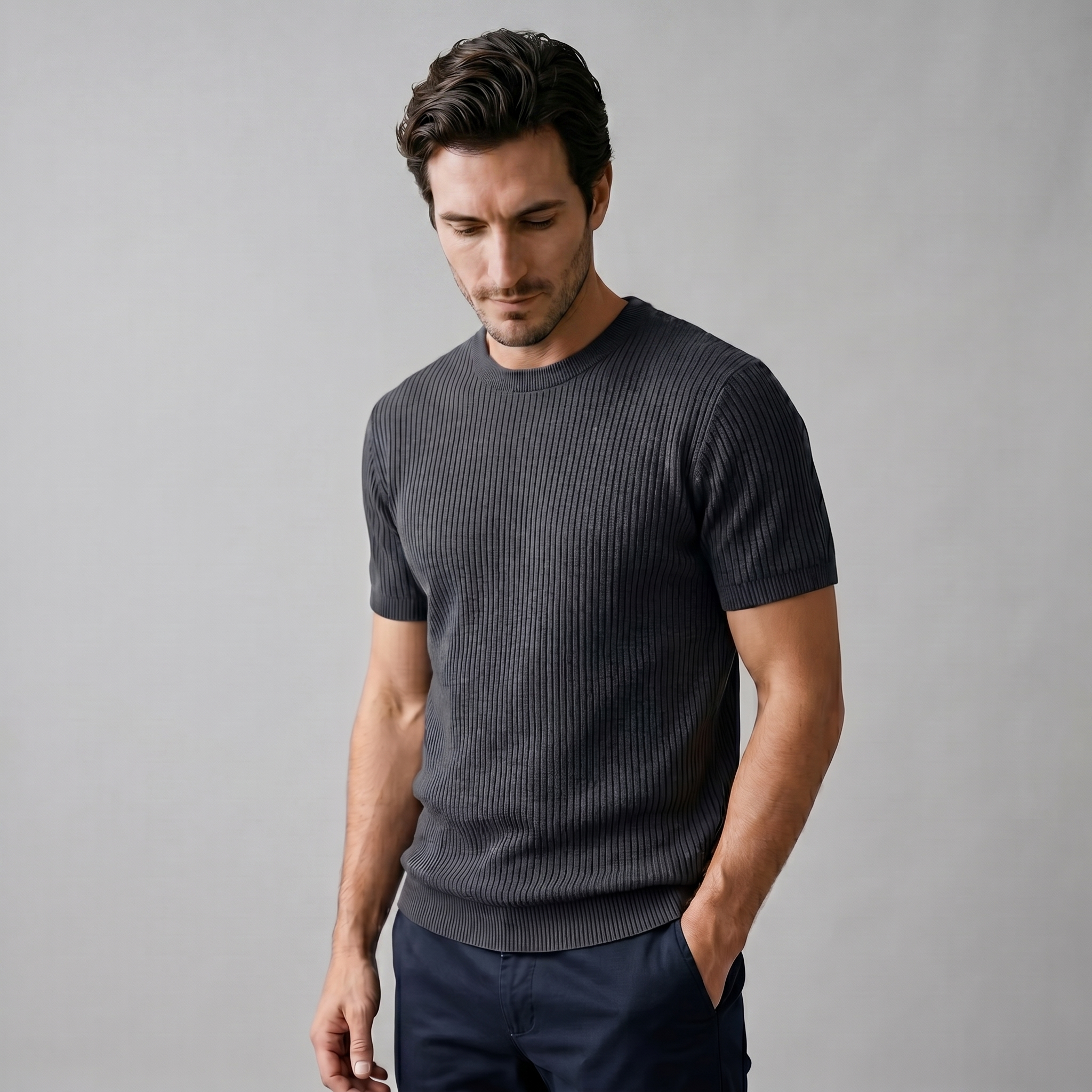 Ribbed Knit T-Shirt in Classic Charcoal