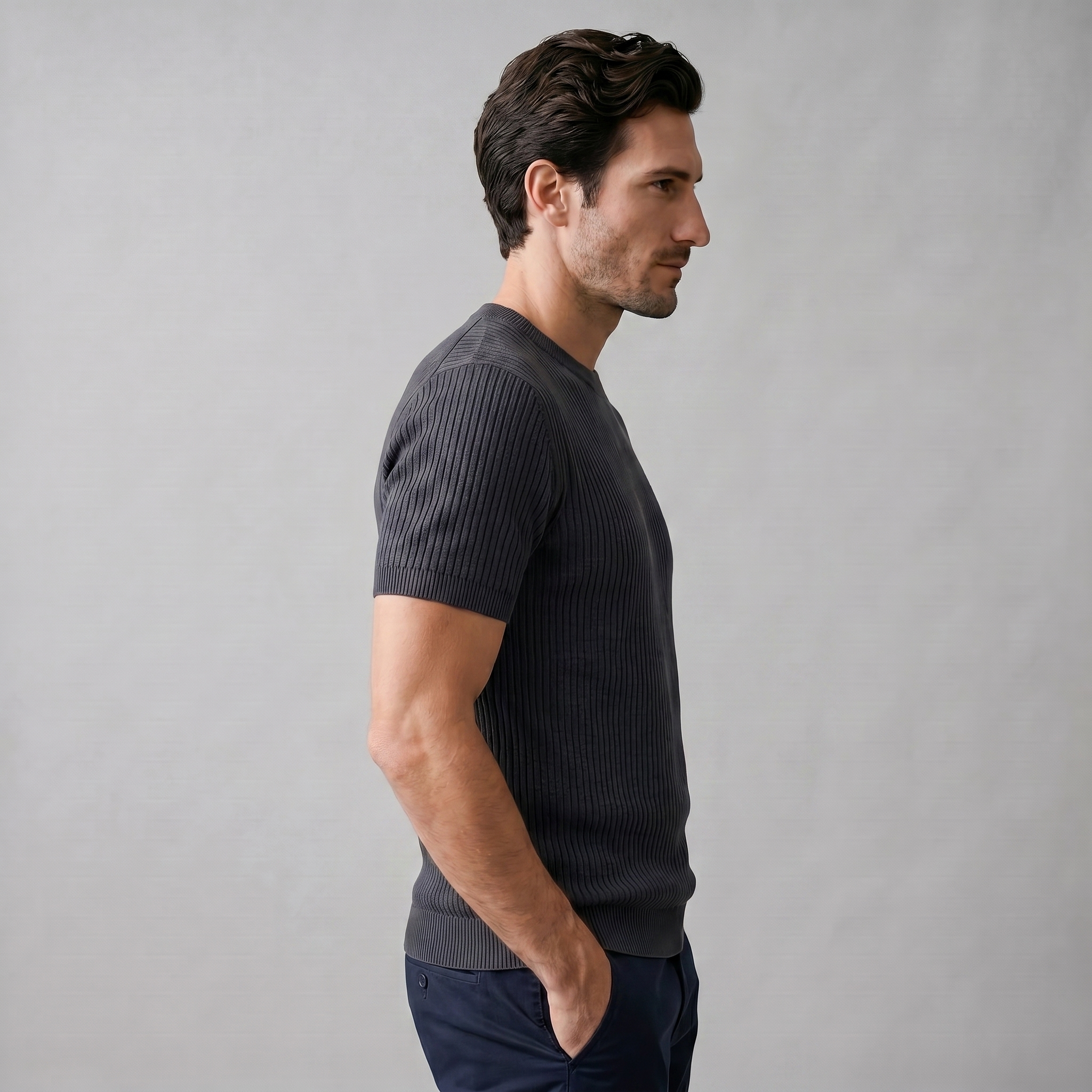 Ribbed Knit T-Shirt in Classic Charcoal