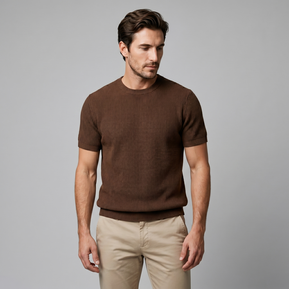 Ribbed Knit T-Shirt in Classic Charcoal