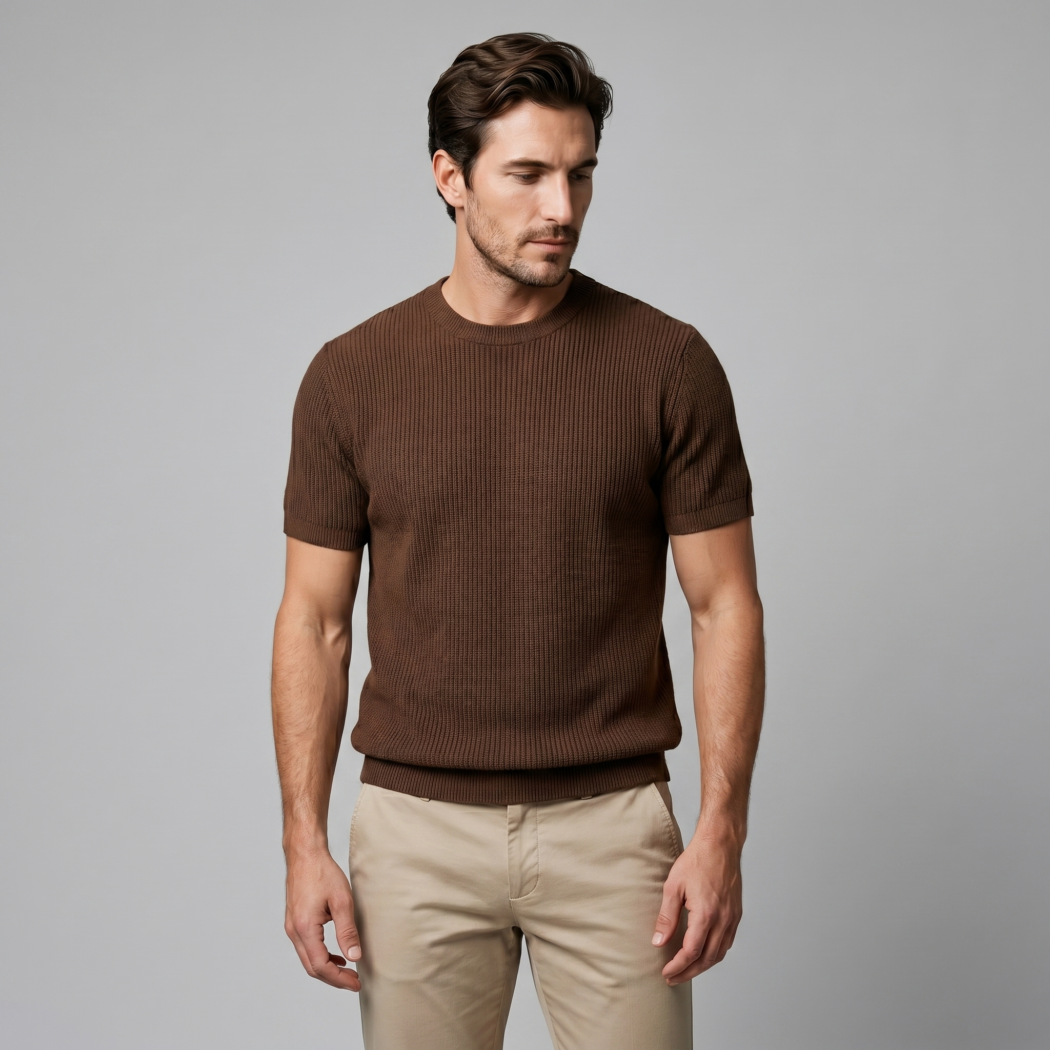 Ribbed Knit T-Shirt in Classic Charcoal
